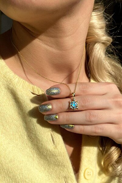 Spossy Silver Jewelry Mavi Opal Taşlı Kaplumbağa Kolye