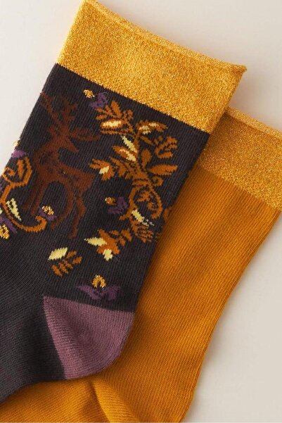 BONY SOCKS Дамски чорапи с мотиви и пайети, 2 чифта, антрацит и горчица