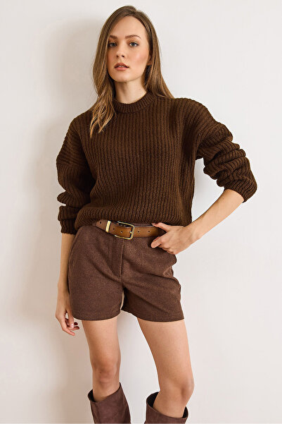 Olalook Women's Brown Soft Textured Balloon Sleeve Thick Knit Sweater Kzk-19001037