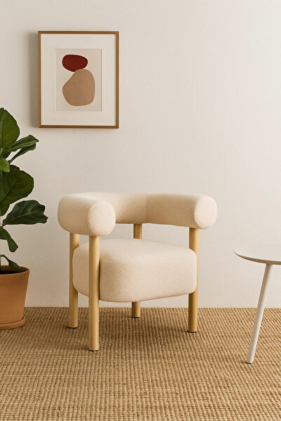 MARIA HOMES Modern Light Beige Fabric Armchair, Elegant Lounge Chair with Wooden Legs for Living Room & Office