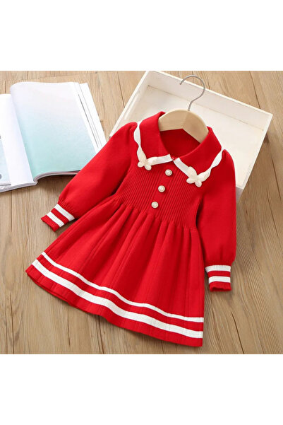 Little Dress Red sweater dress with white stripes and jewel buttons