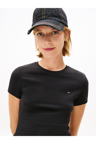 Tommy Hilfiger Women Black Logo Slim Crew Neck Short Sleeve T-Shirt