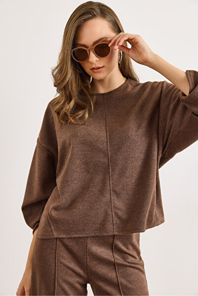 Olalook Women's Brown Crew Neck Stitching Detail Flowy Thessaloniki Blouse Blz-19003164