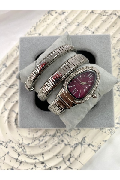 Mazzy Vintage Yılan Model Gümüş İçi Bordo Kadın Kol Saati