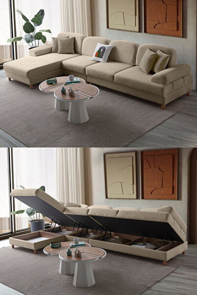 Eymense Aries Yataklı Sandıklı Piyonlu Köşe Takımı Sütlü Kahve Sol Köşe