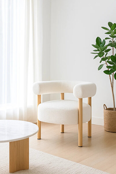 MARIA HOMES Modern White Fabric Armchair, Elegant Accent Chair with Wooden Le...