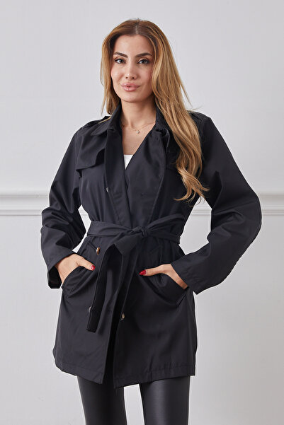 DPARİS Plus Size Belted Buttoned Trench Coat