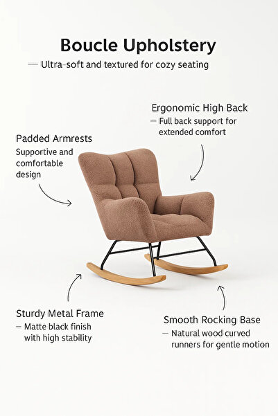 MARIA HOMES Modern Brown Fabric Rocking Armchair, Comfortable Lounge Chair with Wooden Rocker Legs for Home