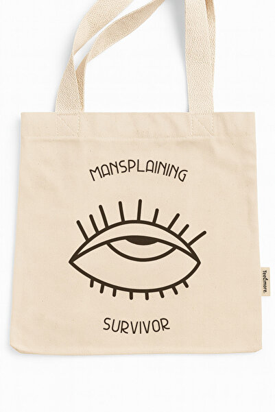 Tee&more. Mansplaining Survivor Printed Canvas Tote Bag with Gusseted Gusseted Velcro and Inner Pocket