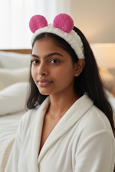 TAKIŞTIR White and Pink Color Plush Hair Band with Ear Detail