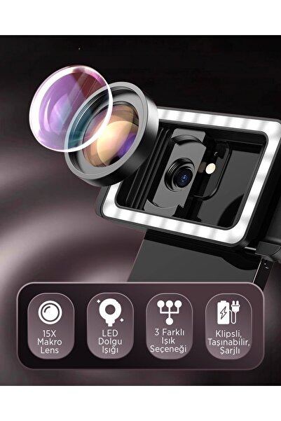 Kensa 4K HD 15X Makro Lens | LED Dolgu Işığı | Telefon Kamera Lens Aparatı