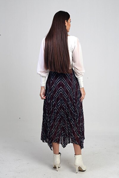 By Saygı Women's Elastic Waist Lined Plaid Crinkle Triangle Midi Skirt