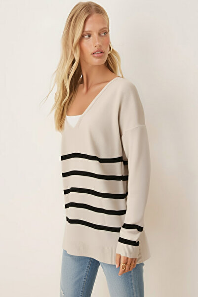 armonika Γυναικείο πουλόβερ με λαιμόκοψη σε σχήμα V με ρίγες μπροστά κοντό και πίσω μακρύ ARM-20K012008