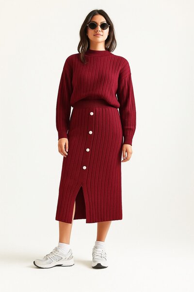 İKLİM LİFE Dik Yaka Kazak Etek Triko İkili Takım