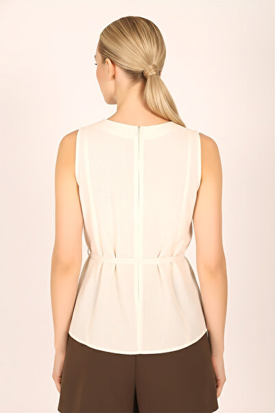 armonika Women's Cream Crew Neck Fitted Waist Tie Sleeveless Linen Look Blouse Arm-25Y001081