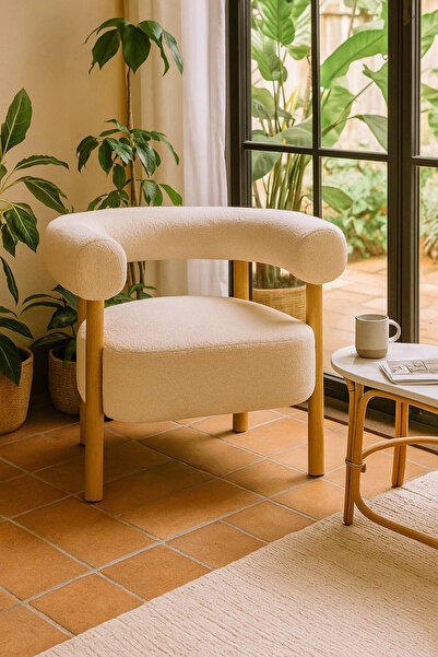 MARIA HOMES Modern Light Beige Fabric Armchair, Elegant Lounge Chair with Wooden Legs for Living Room & Office