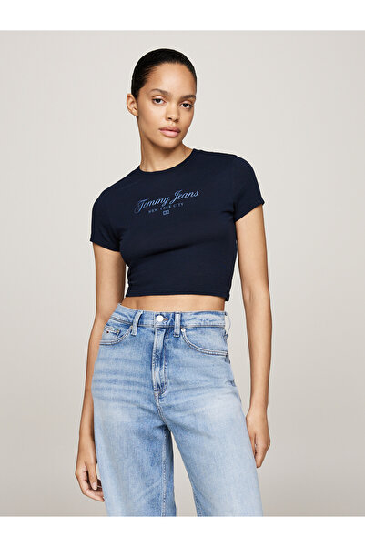 Tommy Hilfiger Women Dark Night Navy Logo Slim Crop Crew Neck T-Shirt