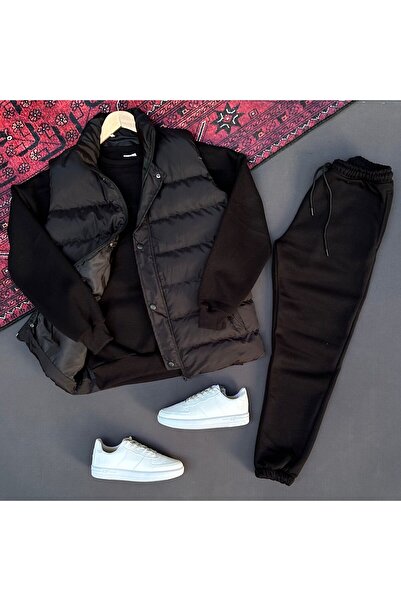 THEGENTMAN Padded Puffer Vest and Three Thread Compact Crew Neck Cotton Inside Oversize Tracksuit Set 3-Piece Set