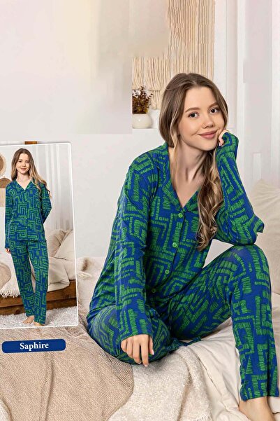 REMSA Women's Labyrinth Pattern Buttoned Saphire Pajama Set 0384 Green01