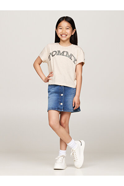 Tommy Hilfiger Girls Heathered Oat Varsity Logo Relaxed Crew Neck T-Shirt