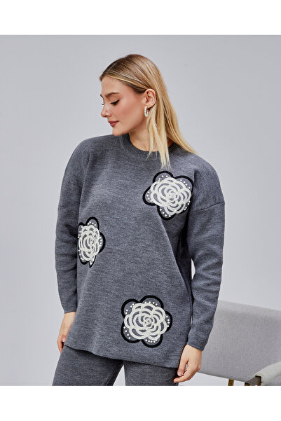 Jinx Wear Fashion Rose Lace Embroidery Pearl Detailed 2-Piece Knitwear Set