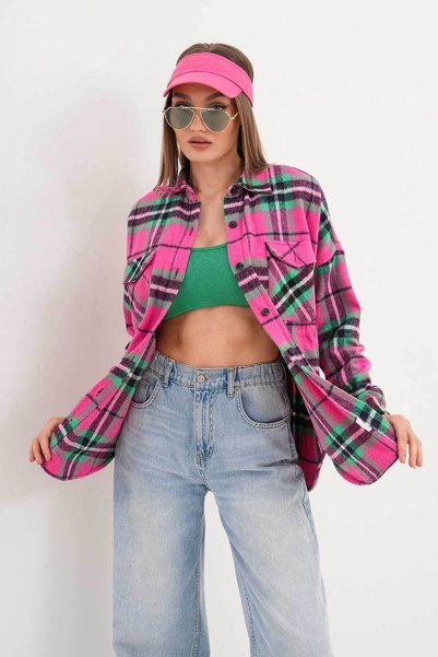 Polologin Butik Fuşya Yeşil Cepli Spor Kesim Gömlek