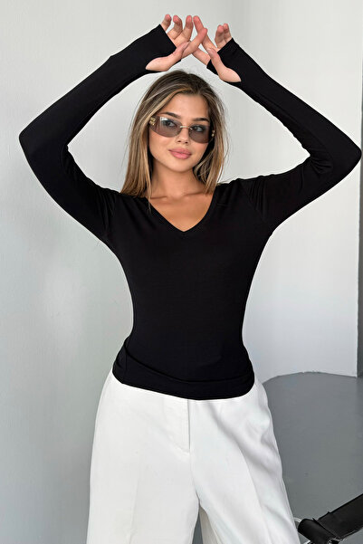 LACHT Women's V-Neck Long Sleeve Black Finger-Loop Modal Cotton Fabric Bodysuit