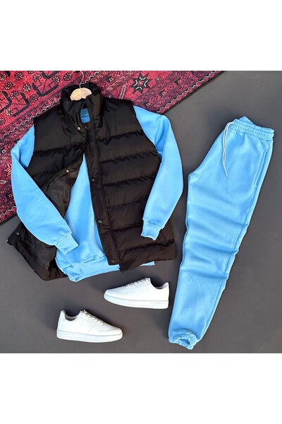 THEGENTMAN Padded Puffer Vest and Three Thread Compact Crew Neck Cotton Inside Oversize Tracksuit Set 3-Piece Set
