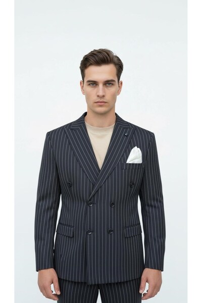 Plus Scorpion Black Striped Men's Double-Breasted Blazer Jacket – Italian Cut, Stylish and Modern