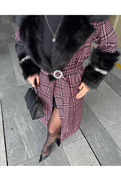 Siseniorita Women's Houndstooth/Plaid Long Coat with Fur Collar and Cuffs - High Slit