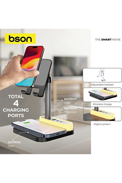 bson Wireless Power Deck - 15W Fast Qi Charging Hub with 4 USB Ports & Adjustable LED Lantern