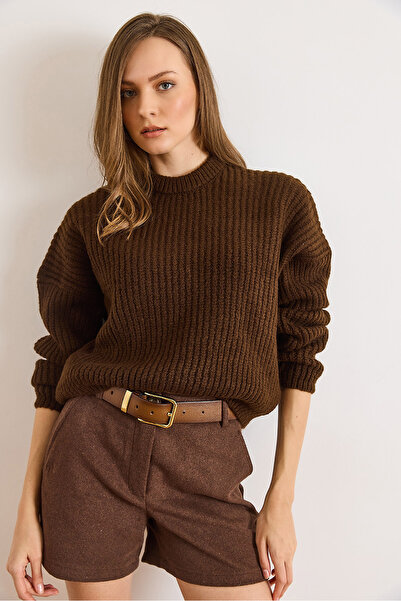 Olalook Women's Brown Soft Textured Balloon Sleeve Thick Knit Sweater Kzk-19001037