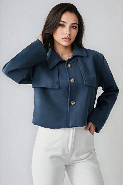 VAGGON Shirt Collar Button Closure Short Cashmere Jacket