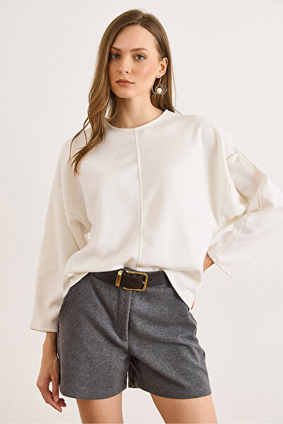 Olalook Women's White Crew Neck Stitching Detail Flowy Thessaloniki Blouse Blz-19003164