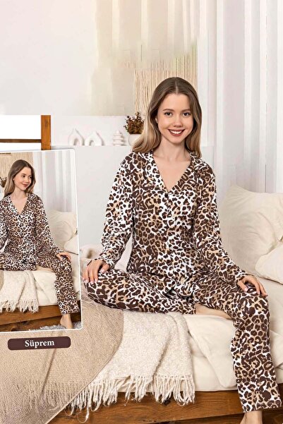 REMSA Women's Leopard Pattern Buttoned Suprem Pajama Set 0397 Brown