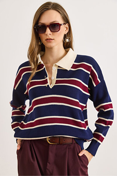 Olalook Pulover tricotat cu dungi pentru femei, albastru bleumarin, roșu claret, cu guler polo KZK-19001030