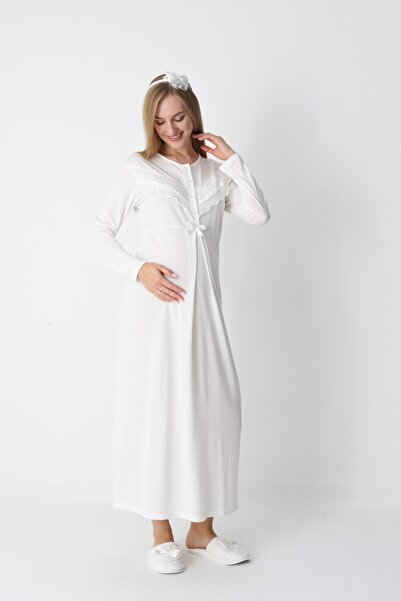 BLACKMORE Ecru Special Fancy Lace Design Cotton Maternity Nightgown-Dressing Gown Set of 2
