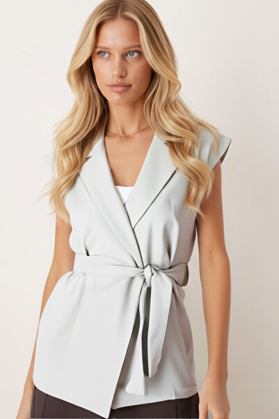 armonika Women's Mint Men's Collar Waist Belted Linen Look Vest Arm-25Y001079