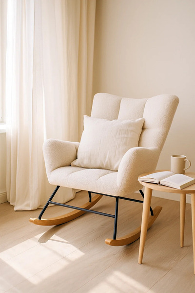 MARIA HOMES Modern Beige Fabric Rocking Armchair, Cozy Lounge Rocker Chair for Living Room, Bedroom & Nursery