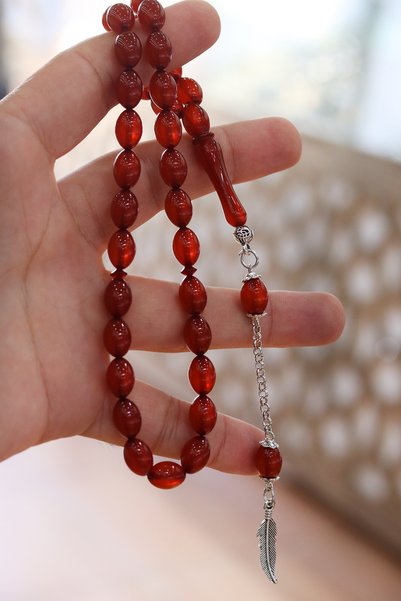 Midyat Nurtaş Gümüş Marble Dark Brown Barley Cut Amber Prayer Beads 8X11 mm 201024774