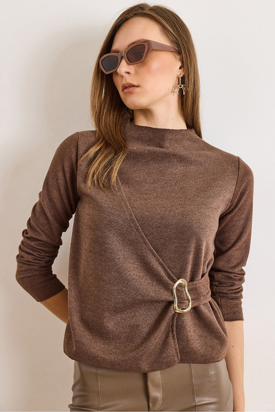 Olalook Women's Bitter Brown Mock Neck Accessory Detailed Flowy Thessaloniki Blouse Blz-19003163