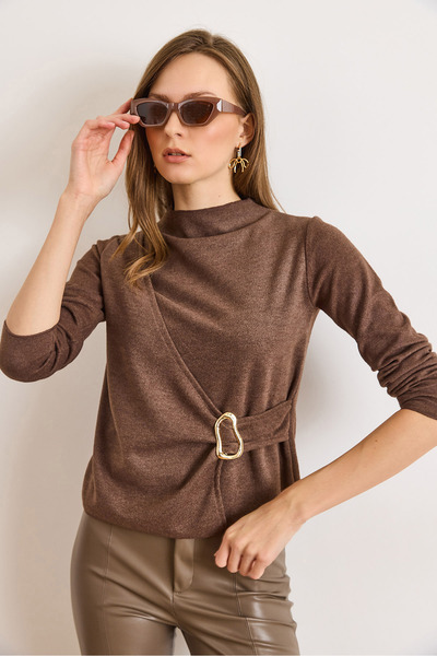 Olalook Women's Bitter Brown Mock Neck Accessory Detailed Flowy Thessaloniki Blouse Blz-19003163