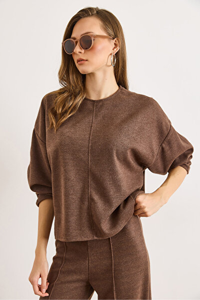 Olalook Women's Brown Crew Neck Stitching Detail Flowy Thessaloniki Blouse Blz-19003164