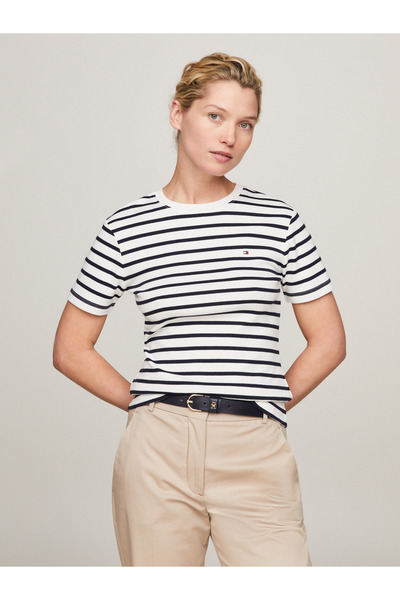 Tommy Hilfiger Women Breton Ecru/Desert Sky Slim Cody Crew Neck Short Sleeve T-Shirt
