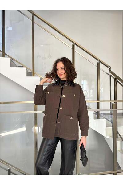 Sude Kızanlıklı Gabardine Jacket with Leather Detail on the Collar