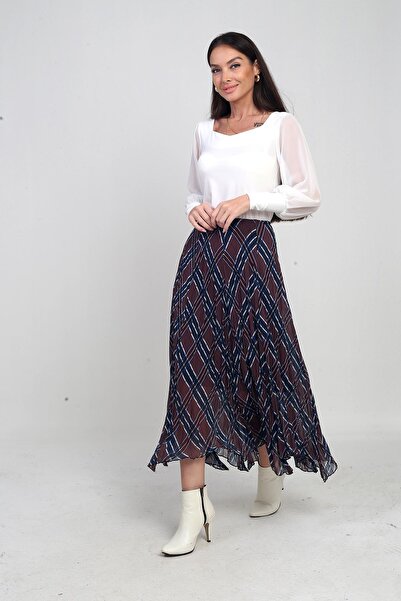 By Saygı Women's Elastic Waist Lined Plaid Crinkle Triangle Midi Skirt