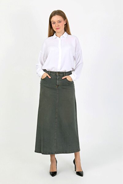 VELLICHOR Natural Fabric Star Rivet Denim Skirt Green
