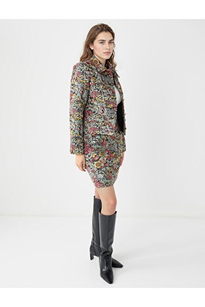 Jimmy Key Koyu Petrol Normal Bel Çiçek Desenli Dokuma Mini Etek