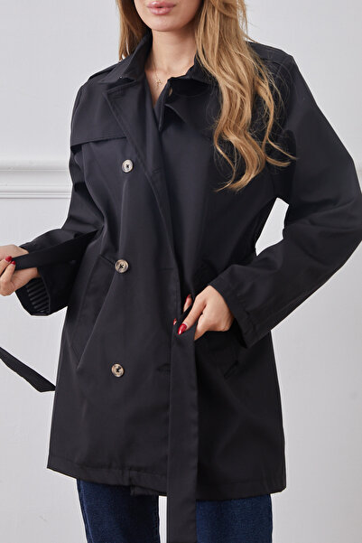 DPARİS Plus Size Belted Buttoned Trench Coat