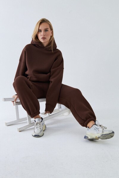 The Champ Clothing oversized Σετ αθλητικής φόρμας Unisex Καφέ – Βασικό, 3-κλωνο φλις; K με κουκούλα Μπλούζα, ελαστικό κάτω μέρος